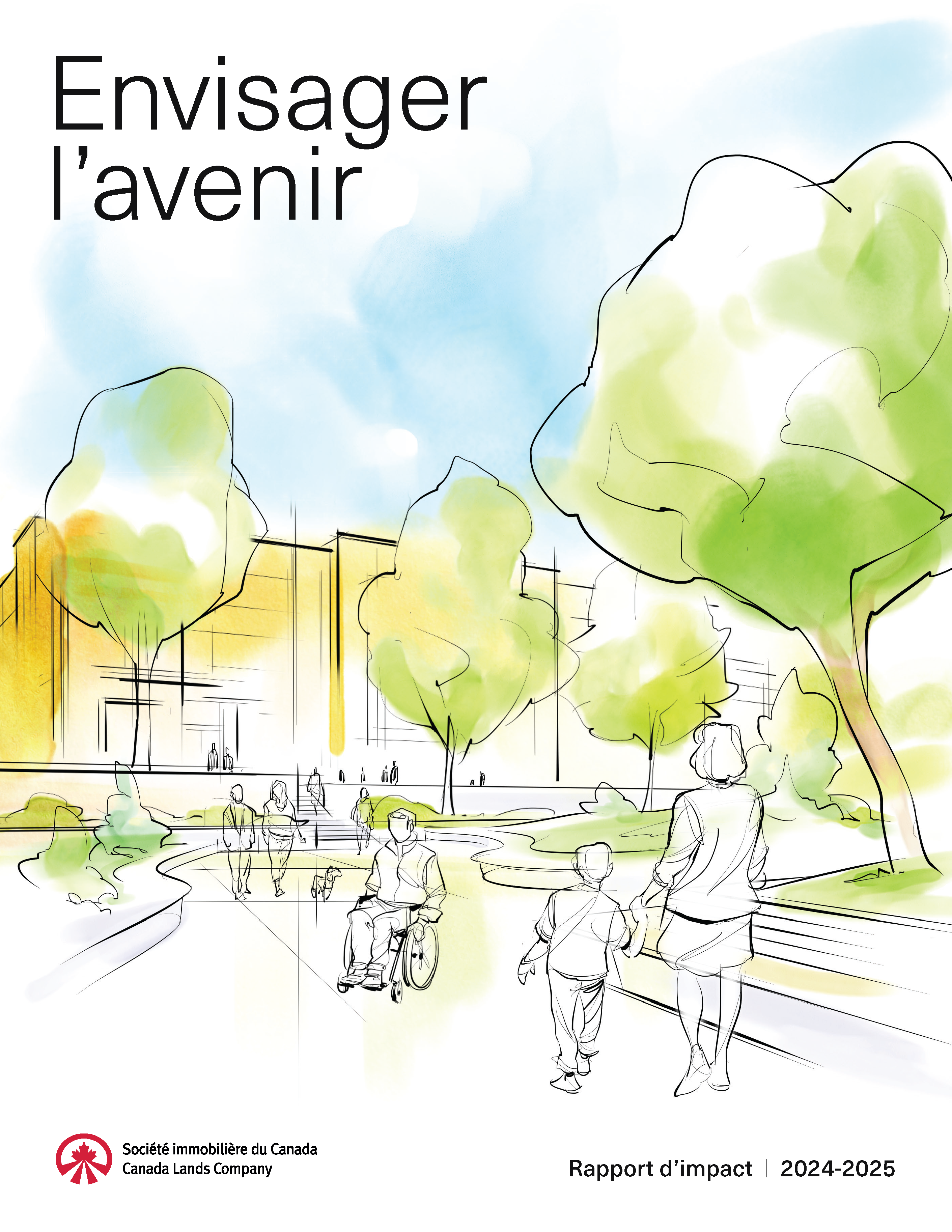 Page de couverture du rapport d'impact 2024/25 avec une illustration représentant des personnes et des arbres