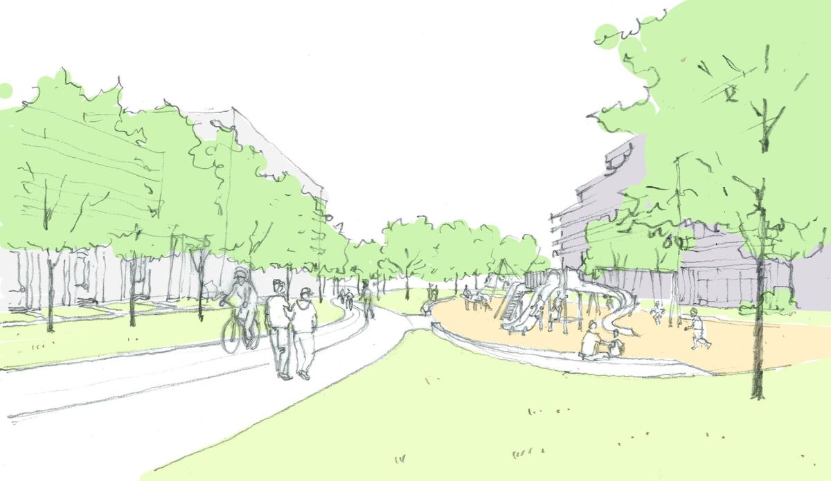 A rendering of the William Baker park space and bike lane